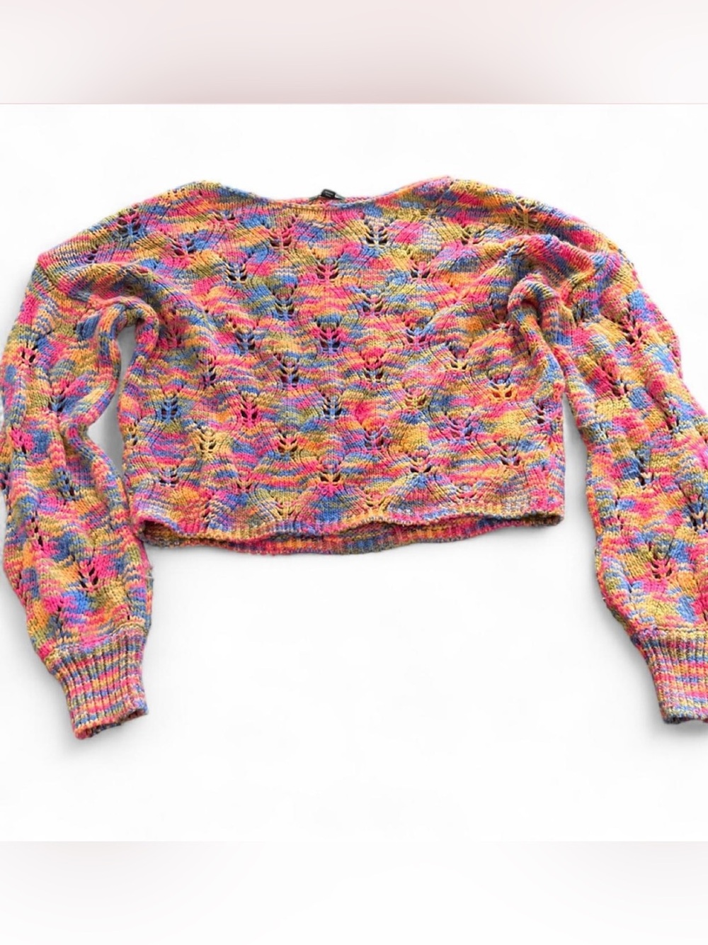 wild fable Multicolor Open-Stitch Crop Sweater in Pink, Yellow, Blue & Purple